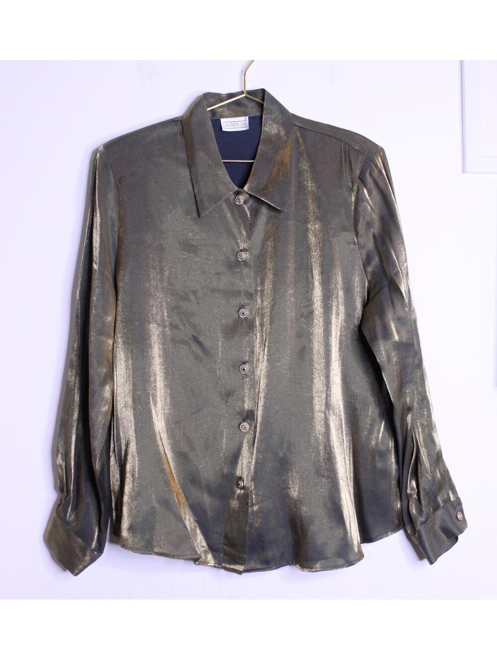VTG Green Gold Iridescent Button Down Blouse - Medium
